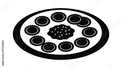 Top view of a plate of delicious ravioli with a rich sauce in a simple black and white illustration