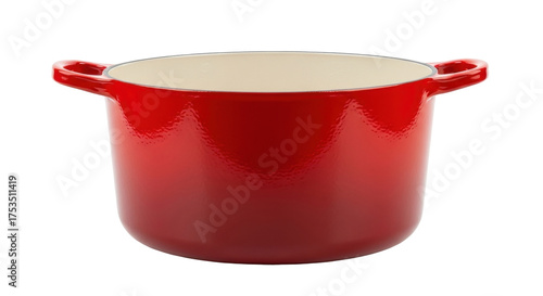 Isolated enamel pot, cooking vessel for kitchen, vibrant red color, heat resistant