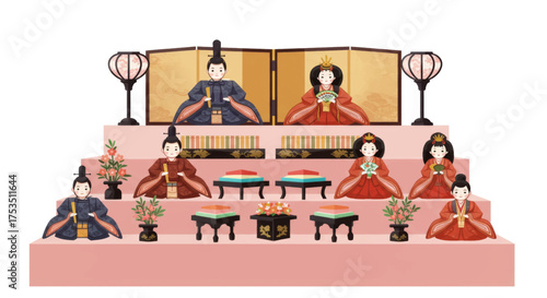 Japanese traditional Hina doll display set on a tiered stand, a culturally significant arrangement for Girls' Day celebrations