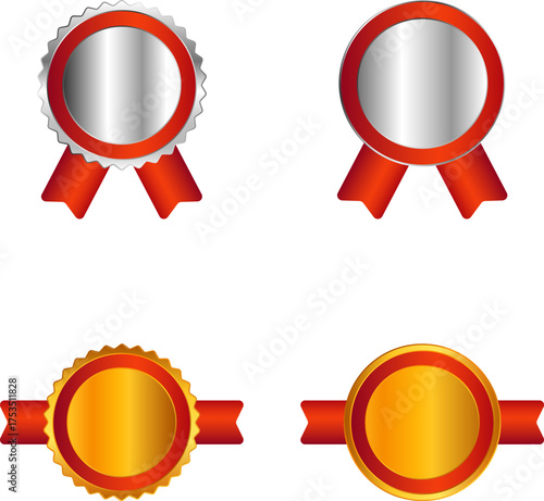 Silver and gold badges set with red ribbons – vector award design