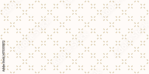 Subtle minimalist seamless pattern with tiny dash lines, small crosses, flower silhouettes grid. Abstract gold and white vector geometric texture. Luxury minimal background. Repeated golden design