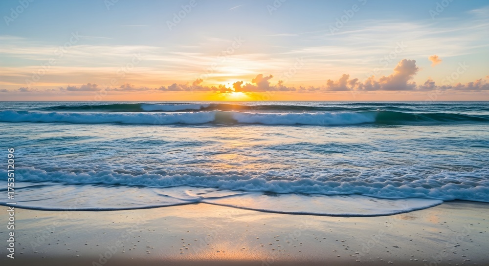 Fototapeta premium Stunning sunrise over the ocean with gentle waves washing ashore on golden sand beach perfect for travel ads