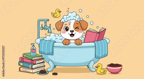 Adorable puppy enjoying a bubbly bath with rubber duckies and books.