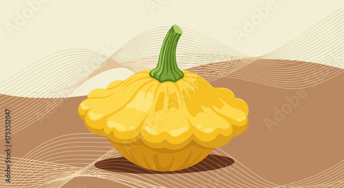 A single yellow pattypan squash sits on a beige background with wavy brown lines and soft shadows.