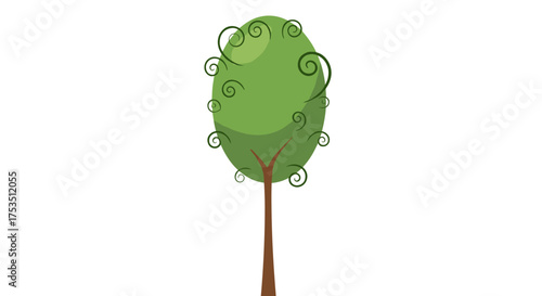 A whimsical green tree with curly branches stands tall against a white background.