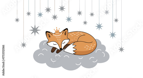 A cute little fox wearing a golden crown sleeps peacefully on a fluffy cloud surrounded by twinkling stars.