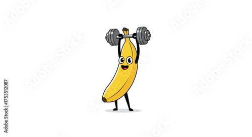 A cartoon banana character lifting weights with a happy expression.