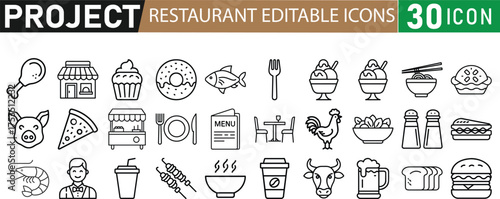 Restaurant editable icons set isolated on white background, 30 line icons