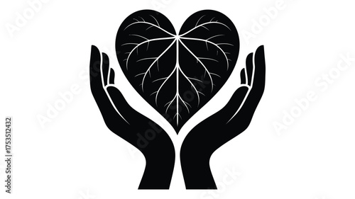 Black silhouette of hands gently cupping a heart shaped leaf symbolizing care and nature