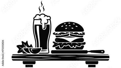 Stylized black and white illustration of a tall burger and frothy beer on a wooden table