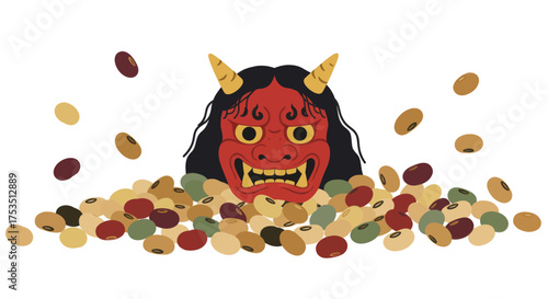 Japanese Setsubun festival demon mask and roasted soybeans illustration