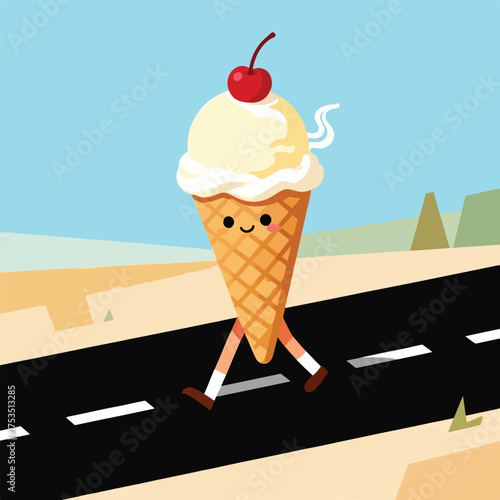 Ice cream cone with human legs walking on the road, funny surreal flat vector style