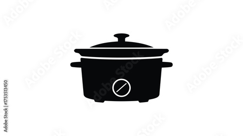 Simple black silhouette icon of a modern slow cooker kitchen appliance on a white background