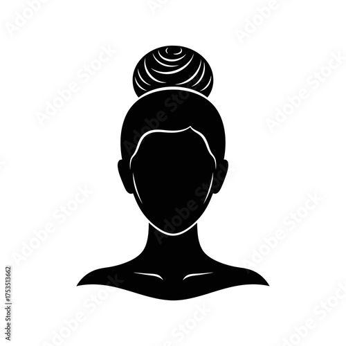 Stylized black silhouette of a woman s head and shoulders with a bun hairstyle isolated on white background silhouette