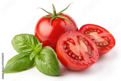Fresh ripe tomatoes and basil leaves