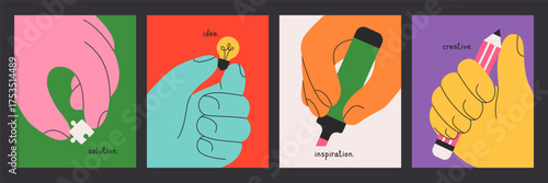 Cartoon illustrations set of hands holds light bulb, puzzle, marker, pen. Concept of creative idea, brainstorm, innovative solutions, inspiration. Trendy design for infographic, poster, banner