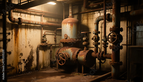 Old boiler room with rusty pipes