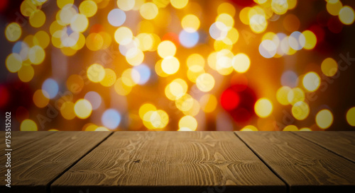 Rustic Wooden Table Perspective Foreground with Golden Festive Bokeh Background