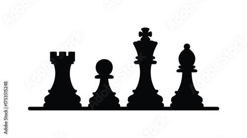 Silhouette of chess pieces including a rook pawn king and bishop on a white background