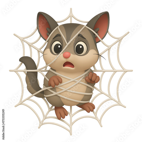 Sugar Glider Trapped in Spider Web