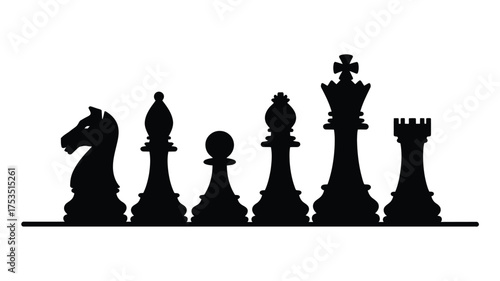 Silhouette of a chess set featuring a knight bishop pawn king and rook