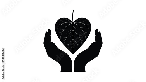 Silhouette of open hands gently cradling a heart shaped leaf symbolizing care and nature