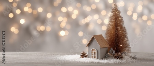 A small white house sits beside a festive Christmas tree adorned with ornaments, creating a warm and cheerful atmosphere indoors