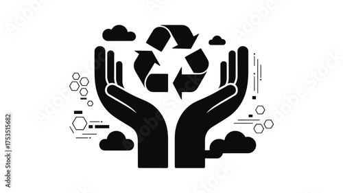 Hands holding recycling symbol with clouds and abstract shapes representing sustainability and environmental care