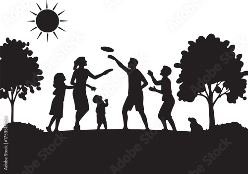 Family playing frisbee under sun trees vector