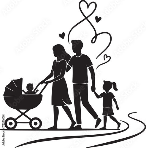 Family walk with baby stroller and hearts parents child
