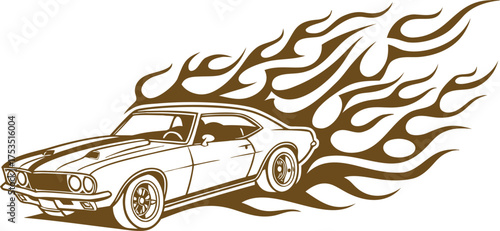 Vintage muscle car with tribal flame design vector, fast racing automobile illustration in brown tones, classic hot rod art for automotive decals, retro speed and power concept graphic.