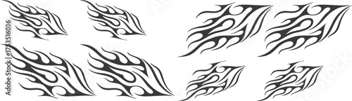 Tribal flame tattoo set vector illustration, black abstract fire patterns for car decals, body art, motorcycle graphics, or t-shirt design, bold flame ornament collection in various shapes.