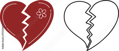 Broken heart outline and filled icon illustration,  love loss, heartbreak, and emotional pain, minimal vector design with simple line and red filled heart concept for romance themes.