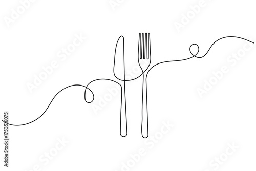 Knife and fork, continuous one line drawing, minimalist outline illustration of dining utensils