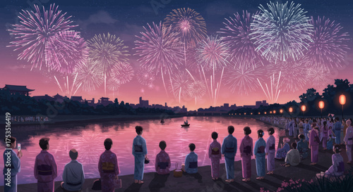 Spectacular Fireworks Display Over a River with a Crowd Enjoying the View