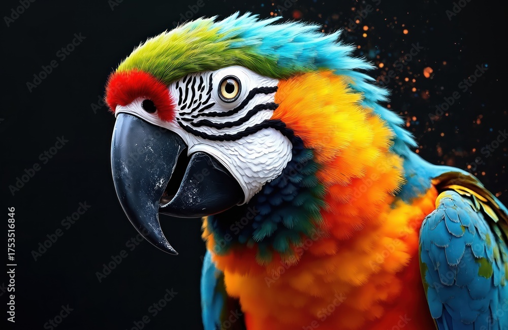 Fototapeta premium Colorful parrot portrait against black backdrop. Close up of vibrant bird illustration with detailed feathers. Exotic avian art for creative design projects. Digital generated artwork