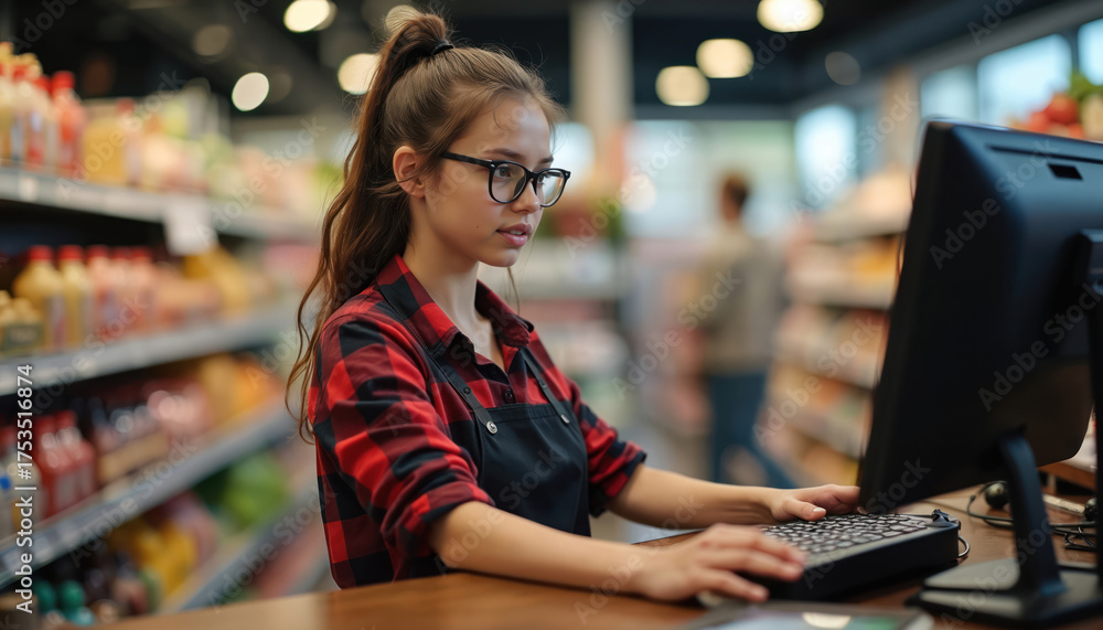 Fototapeta premium Young woman cashier glasses works at supermarket cash register. Employee scans items, processes payment. Retail store worker serves customer at checkout counter.
