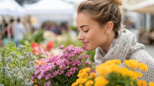 Young Woman Smelling Fresh Flowers at a Vibrant Outdoor Market in Spring