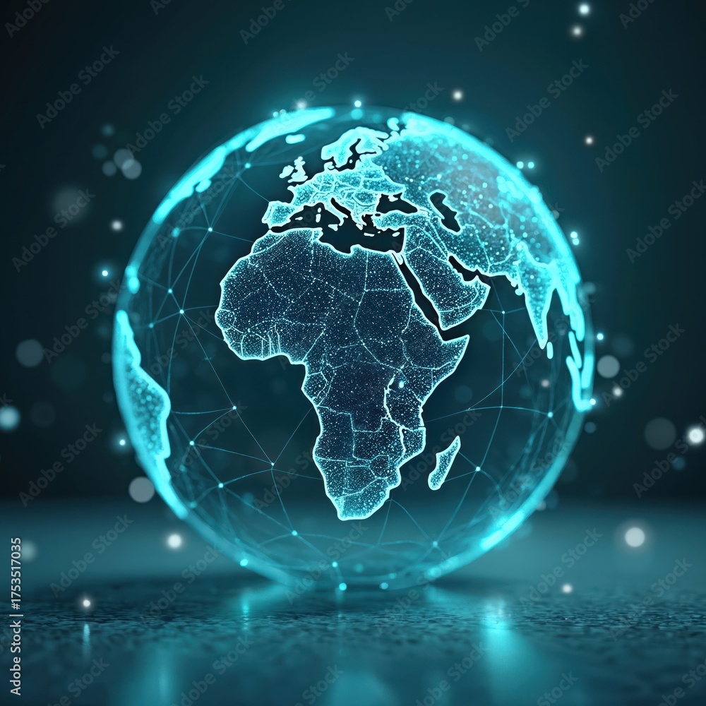 Obraz premium Vivid blue glowing digital earth globe shows interconnected world continents with bright network lines, nodes. Data points glow, spread across entire planet. Futuristic tech concept illustrates