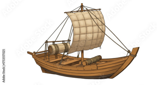 Ancient Wooden Cargo Ship Illustration with Barrels and Logs