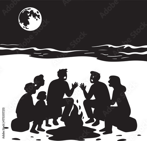 People campfire moonlit night gathering vector