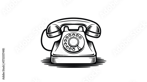 Vintage rotary dial telephone illustration in black and white line art style