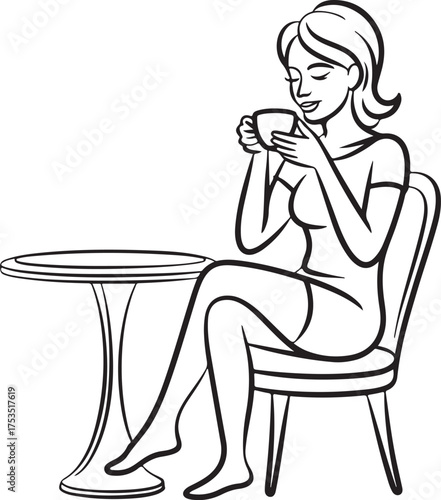 Elegant woman enjoys coffee break at cafe table