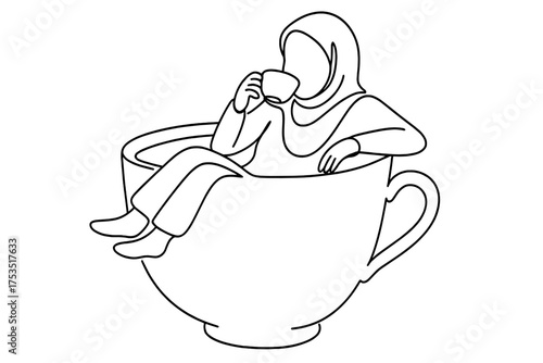 Relaxing in a giant cup with a warm drink, showcasing a cozy moment of leisure and comfort