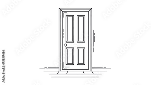 Classic four panel wooden door with door knob and brick threshold hand drawn illustration