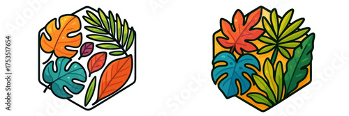Colorful tropical leaves in hexagonal shapes showcasing vibrant foliage patterns for design inspiration