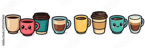 Various cute coffee cups lined up showing different designs and colors in a playful style