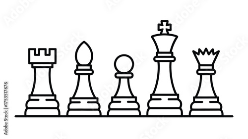 Clean line art illustration of five classic chess pieces lined up on a white background