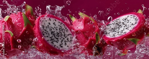 Vibrant Dragon Fruit Slices Mid-Air with Water Droplets Against Purple Background
