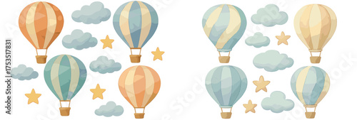 Colorful hot air balloons float in a clear sky with stars and clouds at a festival in a bright and cheerful atmosphere